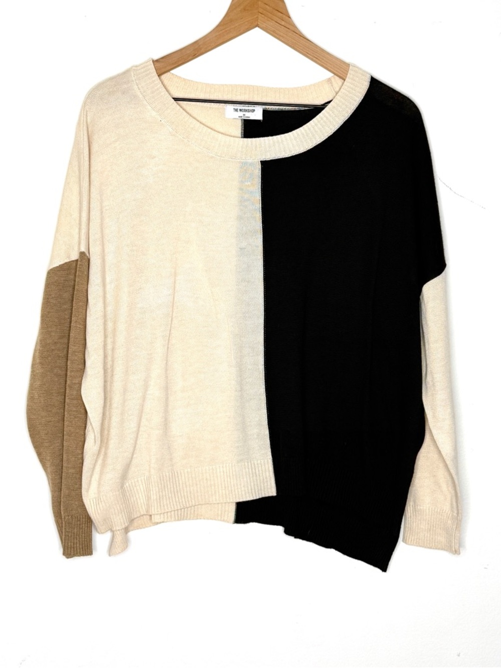 The Workshop Colorblock Sweater Medium Cream Black Tan Lightweight Knit Pullover
